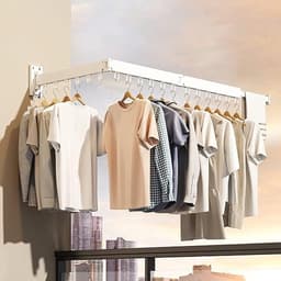 droogrek voor kleding aan de muur, droogrek voor wasgoed, ruimtebesparend intrekbaar klerenhangerrek, opvouwbaar kledingrek voor balkon, wasserij, badkamer, patio (wit) — thumbnail 3