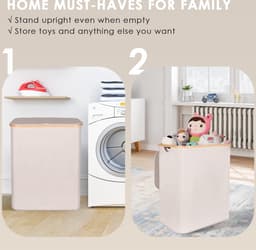 Wasmand met deksel 140 L, wasmand met verwijderbare 3 binnenzakken, opvouwbare wasbox 3 vakken Geschikt voor maximaal een week kleding, beige — thumbnail 3