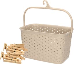 Wasknijpers mandje met ophanghaak - beige - gevuld met 96x houten wasknijpers van 7 cm - was ophangen — thumbnail 1