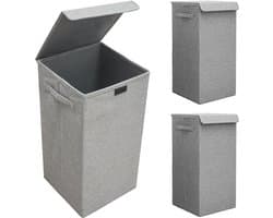 Set van 2: 50L Wasmand met Deksel - 30x30x60 Wasverzamelaar met Houten Frame - Wasbox Opvouwbaar