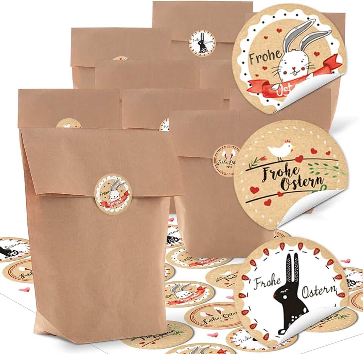 Kleine bruine paaszakjes geschenktasjes 16,5 x 26 x 6,6 cm + paasnest paasstickers rond Frohe Pasen geschenk sticker beige rood wit zwart — afbeelding 1