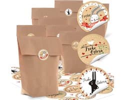 Kleine bruine paaszakjes geschenktasjes 16,5 x 26 x 6,6 cm + paasnest paasstickers rond Frohe Pasen geschenk sticker beige rood wit zwart