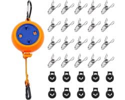 Camping Waslijn 8 Meter Verstelbaar Reizen Wasserij Touw Heavy Duty Waslijn met 20 Wasknijpers en 10/10 Vaste Gespen voor Indoor Outdoor Camping Courtyard Travel Hotel