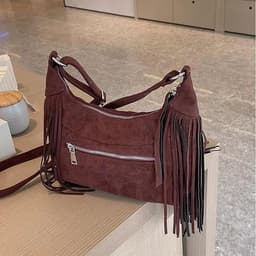 Vegan suède crossbodytas met franjes voor dames – vintage boho-hippie hobo-schoudertas met kwastjes – retro western-cowgirlhandtas voor reizen, festivals, concerten en dagelijks gebruik (koffiebruin) — thumbnail 2