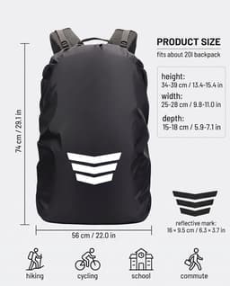 Rugzakhoes, 15-25 l, rugzak met reflecterende strepen en opbergtas, zwart, 1 stuk voor trekking, fietsen en school — thumbnail 5
