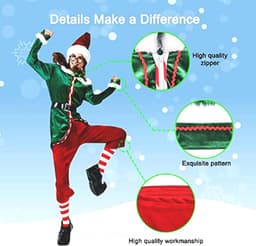 Elf Kostuum dames Kerstman kostuum Fluwelen elfenoutfit voor volwassenen voor Xmas Cosplay Pak Groen Rood Party Kostuum,Groen,XL — thumbnail 2