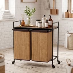 Bamboe wasmand - 2 vakken - 120 liter - Met plank - Waszak - Oprolbaar - 73 x 33 x 78 cm - Bruin — thumbnail 5
