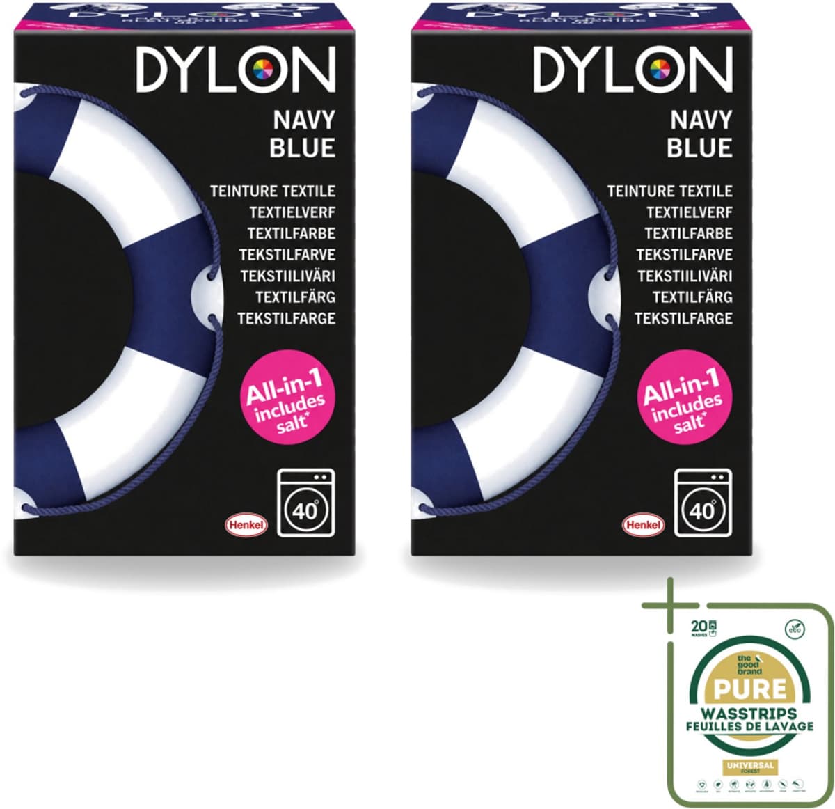 2 x Dylon - Textielverf - Navy Blue - All-in-One - Inclusief Zout - 350g - Wasstrips - Textielverf - Kleding Verven - Kleurstof - Katoen Verven - Stof Verven — afbeelding 1