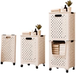 2 Opvouwbare Wasmanden met Wieltjes – Stapelbare Wassorteerder met Handdoekrek, Ventilatiegaten en Uitschuifbare Mand. — thumbnail 1