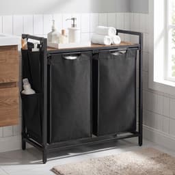 Wasmand Wasgoedmand 71,3 x 33 x 72 cm Zwart 2 vakken van 46 L Met uittrekbare en afneembare binnenzakken, zijvak en roosterplank Stevig metalen frame Gemakkelijk te monteren en reinigen Geschikt voor wasruimte, badkamer en slaapkamer — thumbnail 4