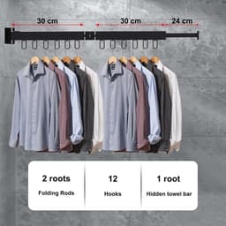Intrekbaar droogrek met haken, robuust en ruimtebesparend, voor binnen en buiten, ideaal voor balkon, wasruimte en badkamer (zwart, 2-laags) — thumbnail 2
