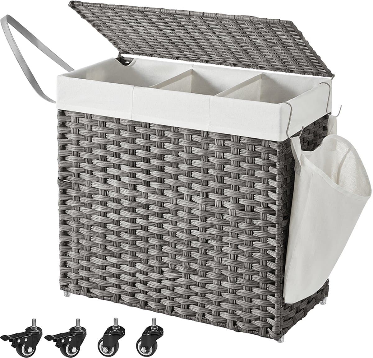 Wasmand 66 x 33 x 60 cm, Vuile Wasmand met Deksel, 3 Compartimenten, Wasgoedmand met Uitneembare Waszak, Wielen en Handgrepen, Wasmand Rietstijl, Kleding Sorteren, Wasmand voor Badkamer, Wasruimte en Woonkamer, PP-Riet, Metalen Frame, Grijs — afbeelding 1