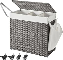 Wasmand 66 x 33 x 60 cm, Vuile Wasmand met Deksel, 3 Compartimenten, Wasgoedmand met Uitneembare Waszak, Wielen en Handgrepen, Wasmand Rietstijl, Kleding Sorteren, Wasmand voor Badkamer, Wasruimte en Woonkamer, PP-Riet, Metalen Frame, Grijs — thumbnail 1