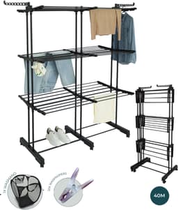 BAUER & MEYER® - Droogrek XL - Wasrek Inklapbaar - 40 Meter drooglengte - Incl. 20 wasknijpers + 1x wasmand - 170 x 134 x 65 cm - Zwart — thumbnail 1