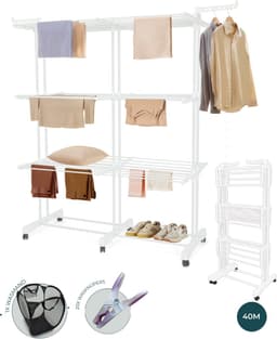 BAUER & MEYER® - Droogrek XL - Wasrek Inklapbaar - 40 Meter drooglengte - Incl. 20 wasknijpers + 1x wasmand - 170 x 134 x 65 cm - Wit — thumbnail 1