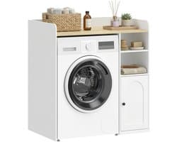 HOMCOM Wasmachine Ombouwkast - Kast boven Wasmachine - Badkamerkast - Opbergkast - Wit met Natuurhout