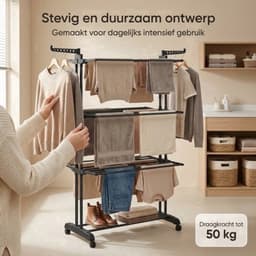 Droogrek Staand - Inklapbaar Wasrek met Wielen - Droogtoren 4 Lagen - 24 Meter Drooglengte - 50 kg Draagvermogen — thumbnail 3
