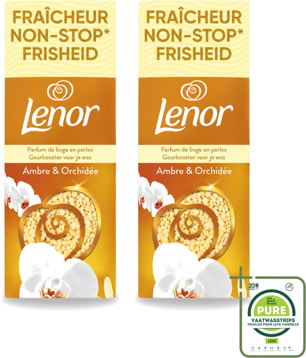 2 x Lenor – Geurbooster – Amber & Orchidee – 12 Wasbeurten – 155 g - Grootverpakking - Vaatwasstrips - Geurparels - Wasgeur - Luxegeur - Orchidee - Vanille — afbeelding 1