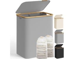SONGMICS LCB513G01 Wasmand met Deksel, Wasmand met 2 Compartimenten, 130 L, Afneembare Waszak, Oxford Stof, Bamboe Handgrepen, Opvouwbaar, 52 x 38,5 x 70,5 cm, Duif Grijs