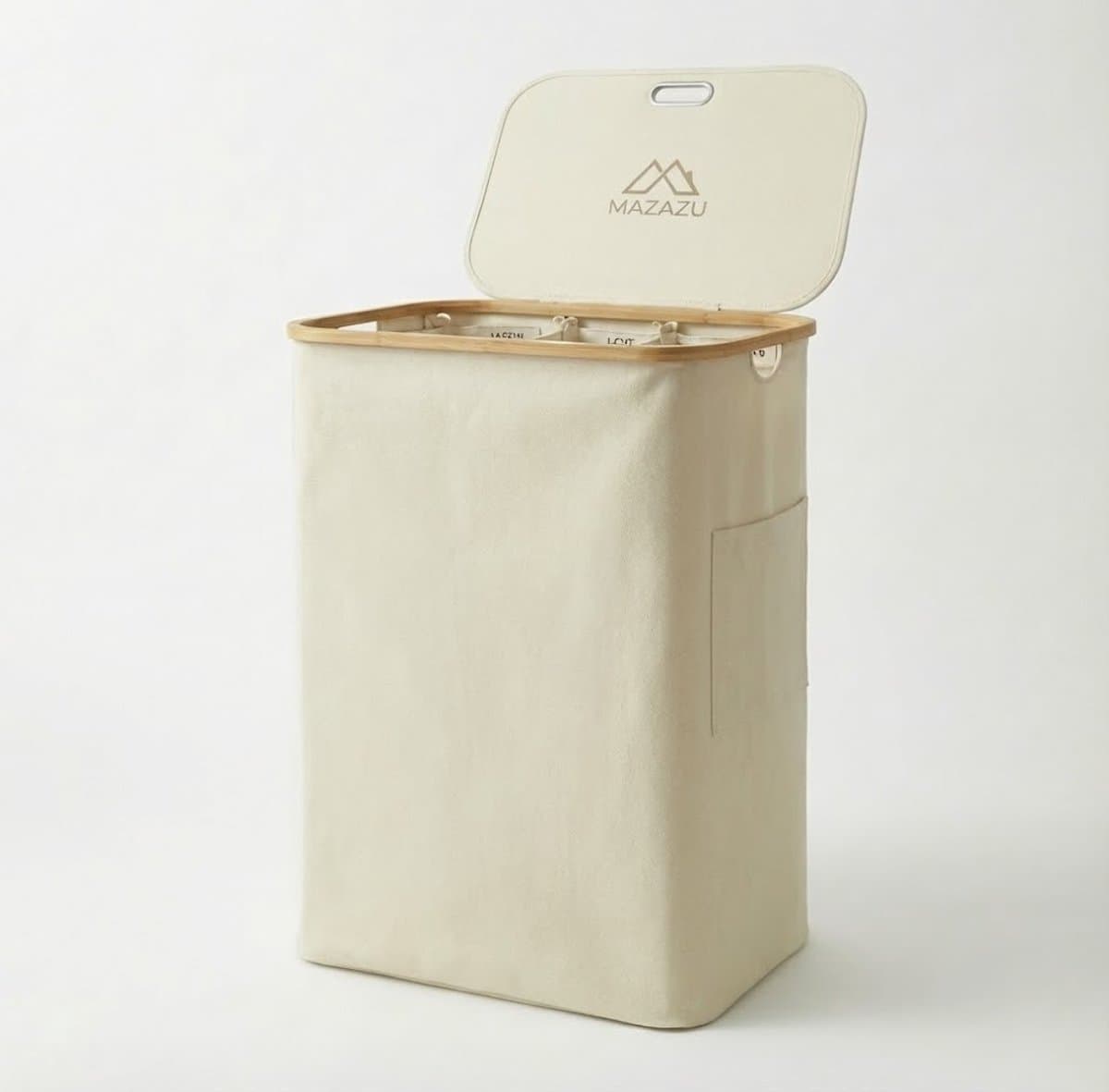 MAZAZU Wasmand met 3 Vakken - 150 Liter - Beige & Bamboe - Wassorteerder met Deksel - Uitneembare Waszakken - Incl. Labels & Zijvak — afbeelding 1