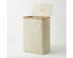 MAZAZU Wasmand met 3 Vakken - 150 Liter - Beige & Bamboe - Wassorteerder met Deksel - Uitneembare Waszakken - Incl. Labels & Zijvak — afbeelding 1