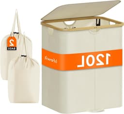 VVGoods - Grote Opvouwbare Wasmand met Deksel en Bamboe Handvatten, Uitneembare Waszak, 120 Liter - Voor Slaapkamer, Badkamer, Waskamer - Beige Kleur — thumbnail 1