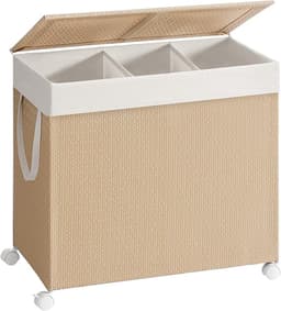 Drie-vaks grote wasmand, opbergmand, vuilewasmand 66,5×37,5×65 cm naturel, rotan-design, met deksel en afneembare binnenzak, wielen met rem, 140L grote capaciteit, voor huishoudelijk gebruik — thumbnail 5
