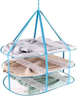 Vouwbare Winddichte Mesh Mand - 3 Niveaus voor Het Drogen van Truien - Blauwe Textielnet — thumbnail 1