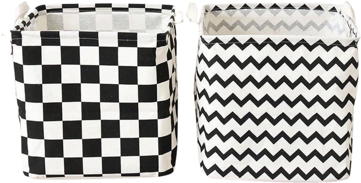 2x opvouwbare Wasmand - vierkant/kubus - zwart wit geblokt - katoen - 35x35x35CM — afbeelding 1