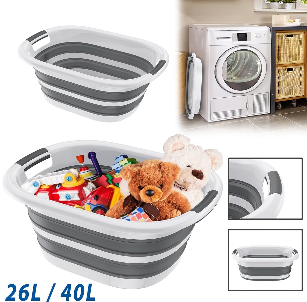 Opvouwbare kunststof wasmand, grijze kunststof opbergbak, wasmand, draagbare wastobbe, witte wasmanden met handgreep voor wasruimte en badkamer - 40L - 60x45x27cm — afbeelding 1