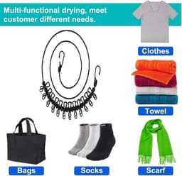 Portable Clothesline - 1 Pack Travel Clothesline - Adjustable Retractable Windproof Rope with 12 Thread Clips and Non-slip Buckle for Camping Travel Clothes Tumble Drying - Black — thumbnail 3