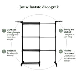 Jubbly® – Uitschuifbare Droogtoren – Inklapbaar Wasrek – Uitgerust met Wieltjes – 4 Verdiepingen – 35 meter Drooglengte – 40 kilo Draaggewicht – Wastoren Staand – Droogrek op Wielen - Zwart — thumbnail 2