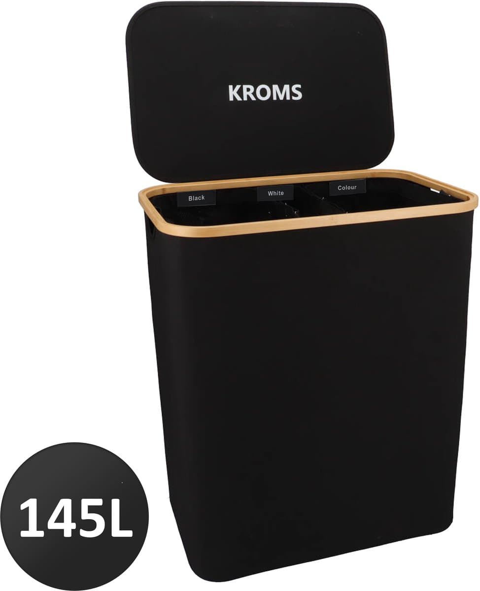 KROMS Wasmand 3 vakken - Zwart - Inclusief NL & ENG Labels - Wassorteerder bamboe - Laundry basket - Wasmand met deksel - 145 L — afbeelding 1