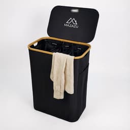 MAZAZU Wasmand met 3 Vakken - 150 Liter - Zwart & Bamboe - Wassorteerder met Deksel - Uitneembare Waszakken - Incl. Labels & Zijvak — thumbnail 1