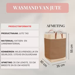 Webzon – Wasmand – Wasmanden – Wasmand inklapbaar – Opvouwbare Wasmand – 30×35×55 cm – Engels design – Jute stof met leren handvatten – Opbergmand – Opvouwbaar en ruimtebesparend – Bruin — thumbnail 3