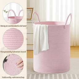 Extra Grote Geweven Katoenen Touw Wasmand 100L - Opvouwbare Opbergmand Met Handvatten - Decoratieve Wasverzamelaar Voor Kleding, Dekens, Speelgoed En Huishoudelijke Opslag - Zachte Katoenen Mand (Roze) — thumbnail 2