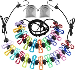 2 Stuks Campingwaslijnen - Waslijn - Camping Waslijn - Kampeerwaslijn - Windbestendige Waslijn - Met 12 Wasknijpers - Uitschuifbare Elastische - Draagbare - Voor Kamperen, Reizen en Wassen (Binnen & Buiten) — thumbnail 1