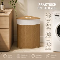 Noventra - Wasmand - Hoek Wasmand - Bamboe Wasmand met Deksel - 55 Liter - Uitneembare Waszak - Ruimtebesparend - Bruin — thumbnail 3