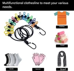 Antislip-waslijn – 1,8 m met 12 klemmen & 13 kralen (rekbaar tot ca. 3 m) – Elastisch koord met antislipklemmen – Montage zonder boren – klemmen Kampeeraccessoire – Draagbare waslijn voor op reis, de camping, thuis en in de tuin — thumbnail 5