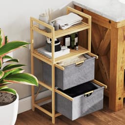 Bamboe Wasmand 35,4L 2 Manden 44x34x96cm Natuurlijke Houtkleur Uitneembare Stoffen Zakken Open Plank Handgrepen voor Badkamer Slaapkamer — thumbnail 3