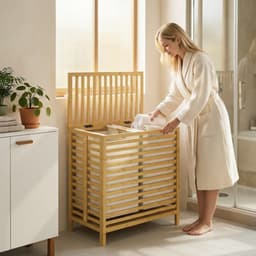 Wasmand 55 x 36 x 64,2 cm houtkleur bamboe, opvouwbare wasmand, dubbele wasmand met deksel, 2 uitneembare binnentassen, bovenplank, ademend raster, compact, stabiel, voor slaapkamer, badkamer — thumbnail 4