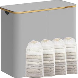 Wasmand met deksel, 4-vaks grote wasmand, 200 l, uitneembare mesh-voering, Oxford-stof, bamboe handgrepen, inklapbaar, 78 x 38,5 x 70,5 cm, duifgrijs LCB514GD01 — thumbnail 2