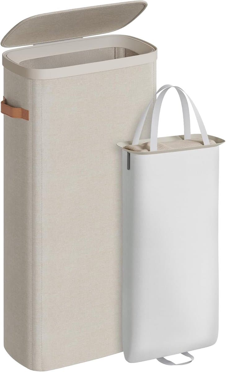 Wasmand, 65 liter, Wasmand, Wasbak, Eenvoudig te monteren, met deksel en handgrepen, Uitneembare waszak, 39 x 22 x 75 cm, Cappuccino Beige LCB810LH01 — afbeelding 1