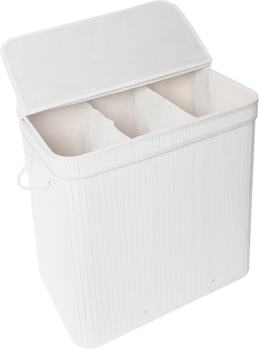 Wasmand met deksel, bamboe, 150 l, 3 vakken, HxBxT: 61,5 x 61 x 41,5 cm, badkamerwasmand, wit — afbeelding 1