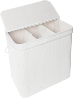 Wasmand met deksel, bamboe, 150 l, 3 vakken, HxBxT: 61,5 x 61 x 41,5 cm, badkamerwasmand, wit — thumbnail 1