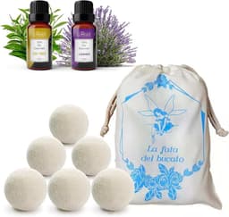 Drogerballen van wol, 6 ballen voor de droger, kreukvrij en vangt haar met 2 etherische oliën, lavendel en theeboomoliën, wollen ballen voor droger met geurdispenser voor de wasdroger — thumbnail 1