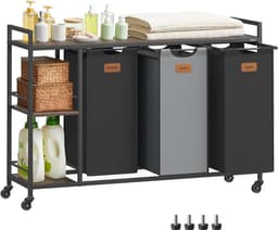 Wasmand met 3 compartimenten, 150 liter wasmand, wassorteerder, wielen, waswagen met planken, waszak met uitneembare zakken, 6 labels, kastanjebruin, inktzwart en duifgrijs BLH312B01 — thumbnail 1