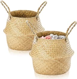 2 stuks zeegras opbergmanden, kleine wasmand, manden voor planken, opvouwbare rotan opbergdoos, rieten mand met handvat, rieten plantenpot voor woonkamer, slaapkamer, badkamer (M, 24 x 26) — thumbnail 1