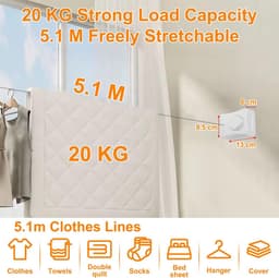 Uittrekbare Waslijn - Wasrek Droogrek - Kleding Drogen - Doorhangvrij Design - 51 m - Wit — thumbnail 3