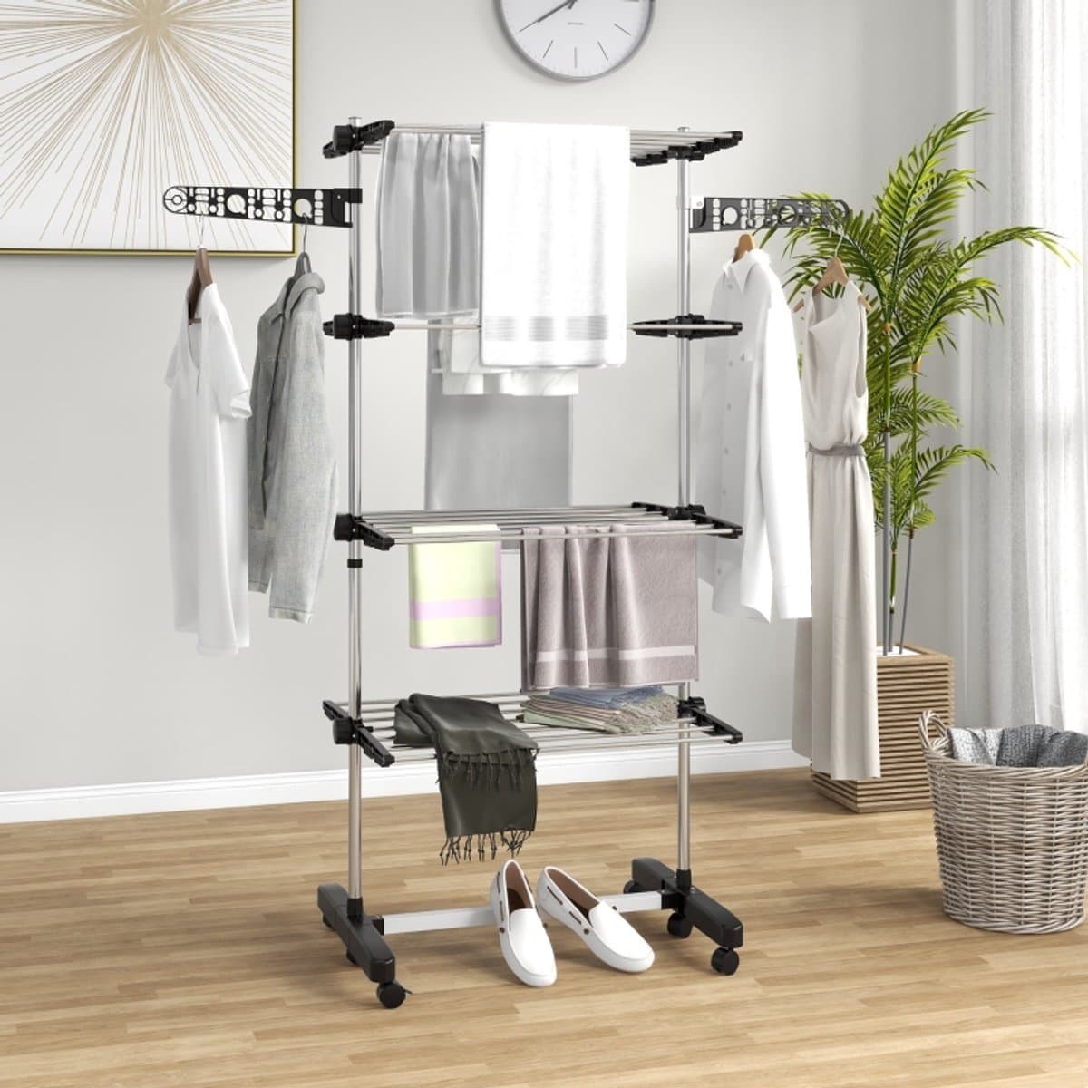 FloraGrace Droogtoren – 5 Niveaus – 142 x 55 x 172 cm – Roestvrij Staal – Zwart en Zilver – Inklapbaar voor Binnengebruik met Wielen — afbeelding 1